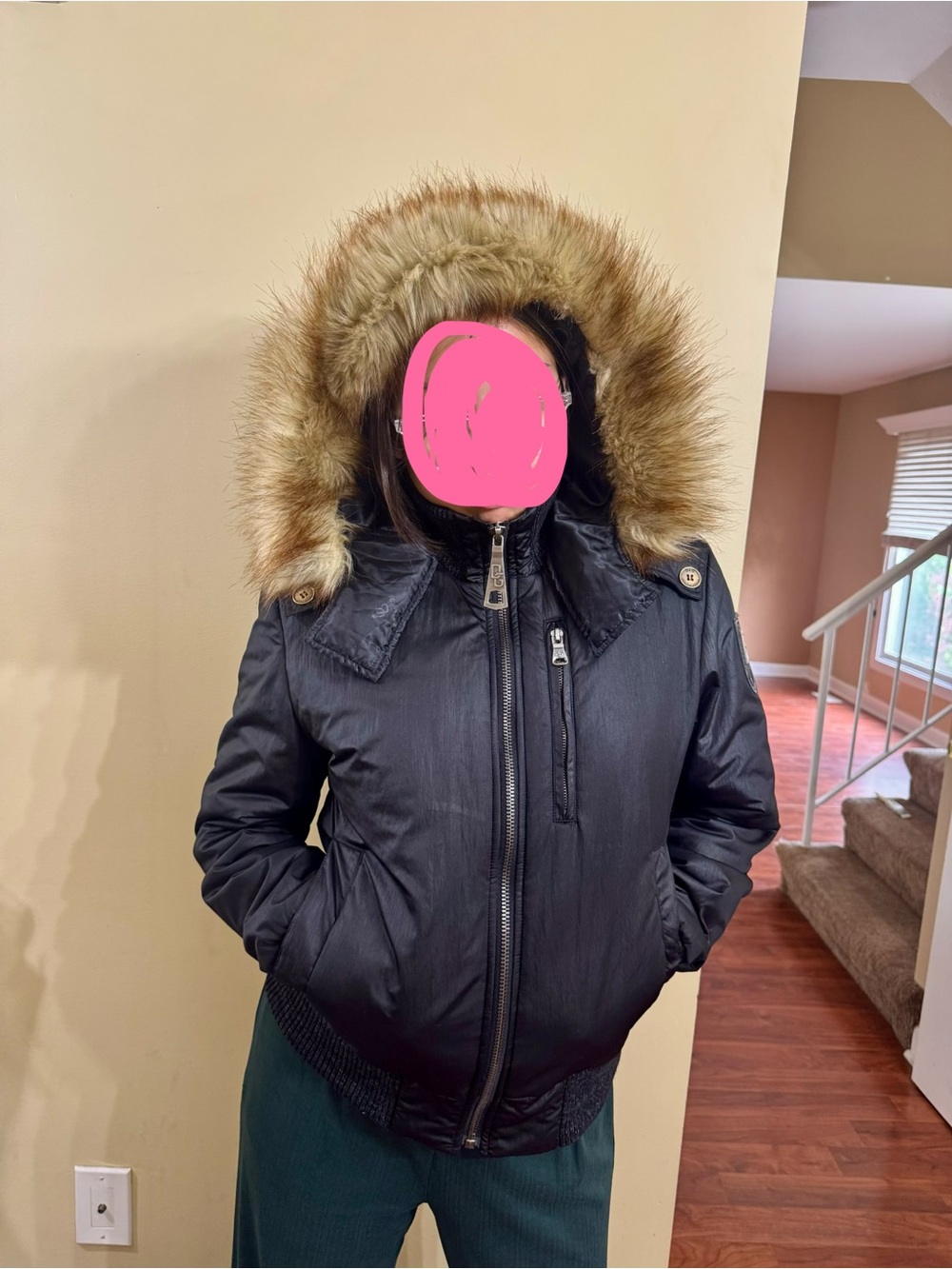 D&G Women's Black Hooded Winter Jacket with Faux Fur Trim